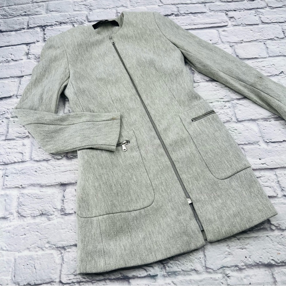 Zara Basic Longline Blazer Jacket Mid Length XS Grey Herringbone Zip Up Career